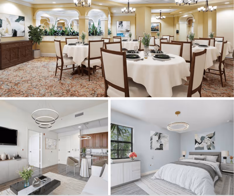 Top image shows a dining room with round tables covered in white tablecloths, set with plates, glasses, and silverware, surrounded by wooden chairs with cushioned seats. The room has beige walls, decorative plants, and chandeliers. Bottom left image shows a modern living room with a mounted TV, a coffee table with decor, a dining area with chairs, and a kitchen with wooden cabinets. Bottom right image shows a bedroom with a large bed, bedside tables with lamps, abstract wall art, a window with blinds, and a chandelier.