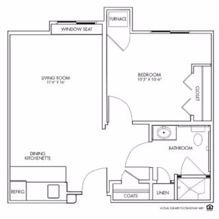 Black-and-white floor plan for a one-bedroom assisted living unit showing a living room with window seat, kitchenette/dining area, bedroom, bathroom, closets, and entry.