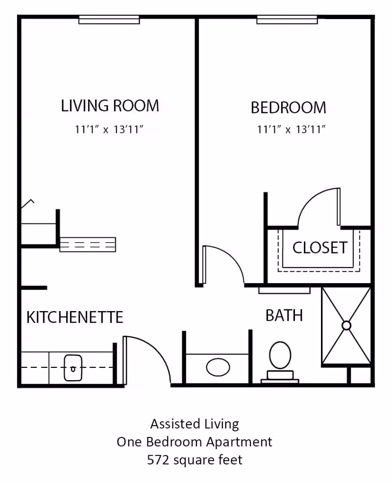 Floor plan of an assisted living one bedroom apartment at Chateau of Batesville, showing a living room, bedroom with closet, kitchenette, and bathroom, totaling 572 square feet.
