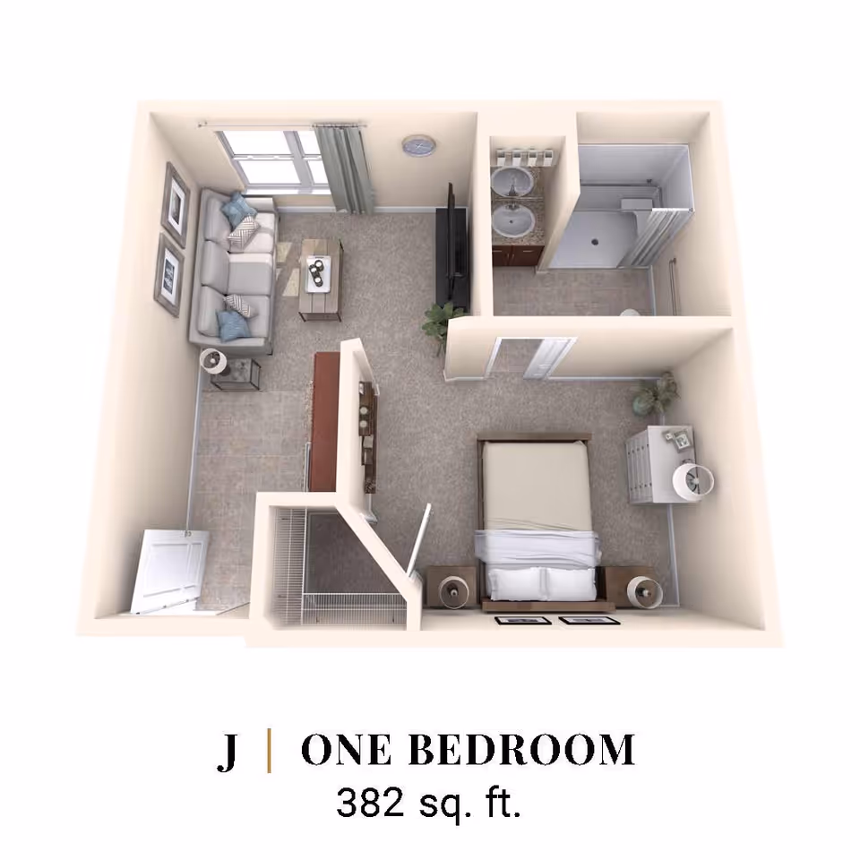 3D floor plan of a one-bedroom apartment with 382 square feet. The layout includes a living room with a sofa, coffee table, side table, and TV, a bedroom with a bed, two nightstands, a dresser, and a lamp, and a bathroom with a shower, toilet, and double sink vanity. There is also a closet near the entrance.