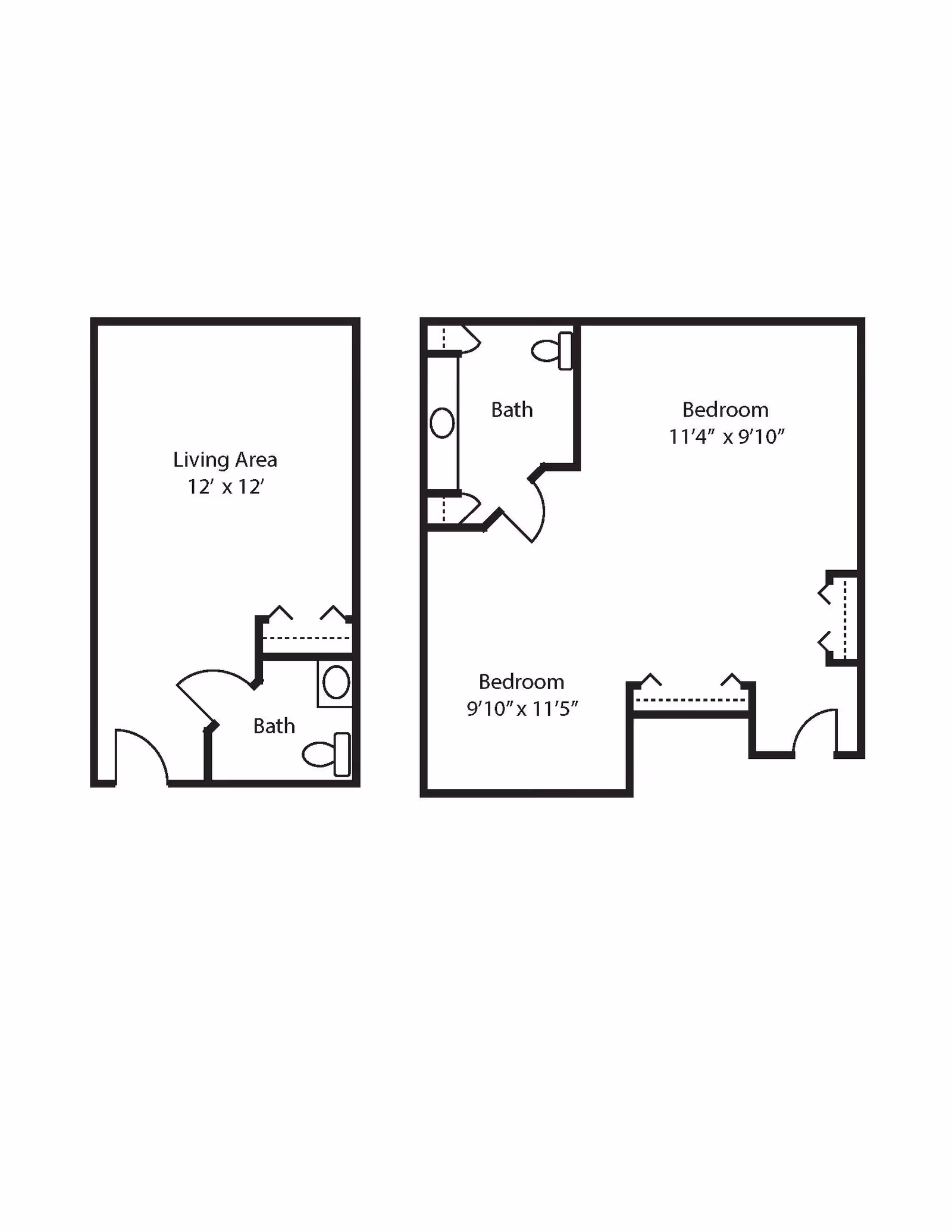Architectural floor plan showing two bedrooms, two bathrooms, and a living area with dimensions labeled.
