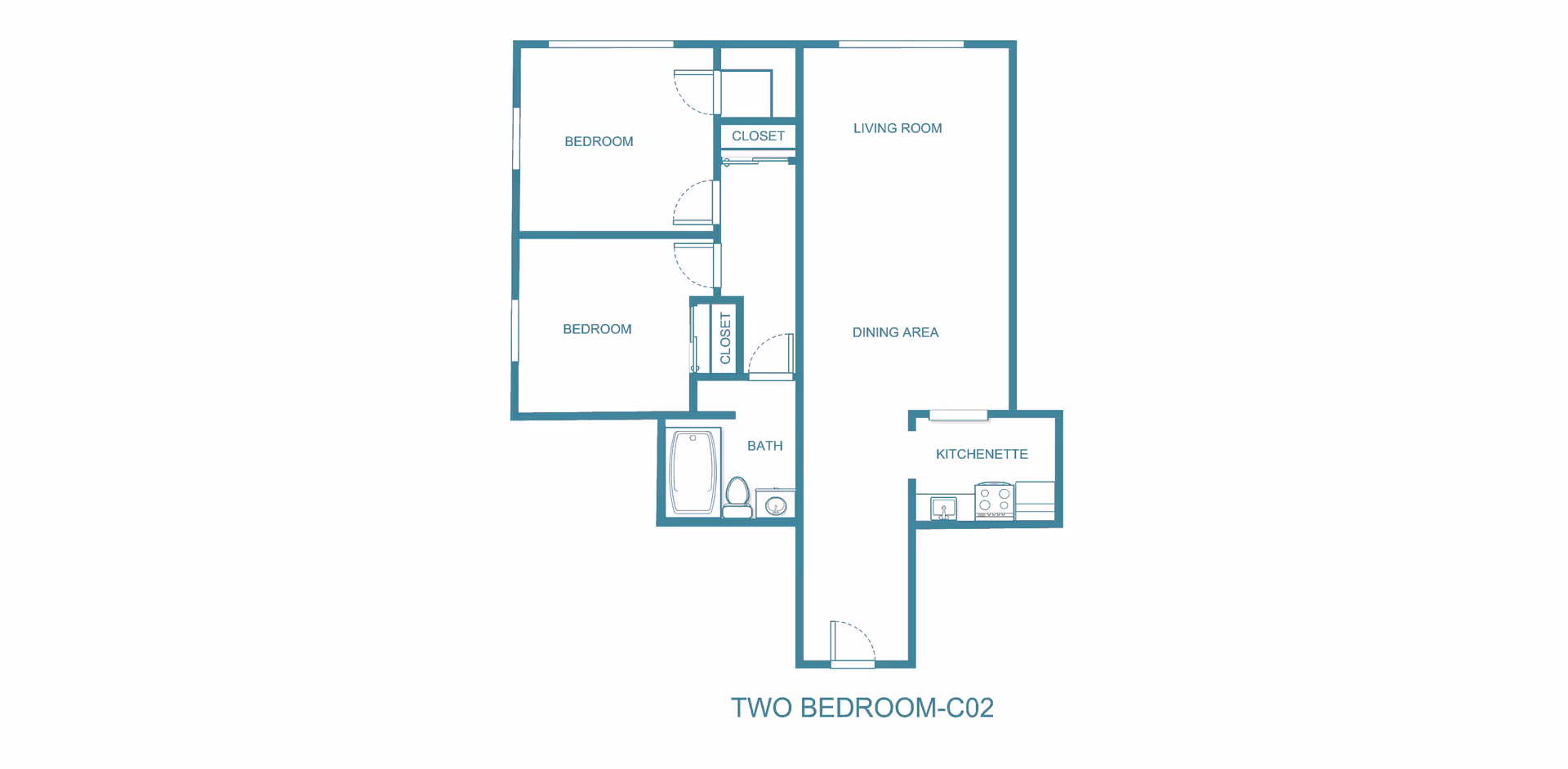Floor plan layout of a two-bedroom apartment labeled TWO BEDROOM-C02, showing two bedrooms each with a closet, a bathroom with a bathtub and toilet, a living room, dining area, and a kitchenette.