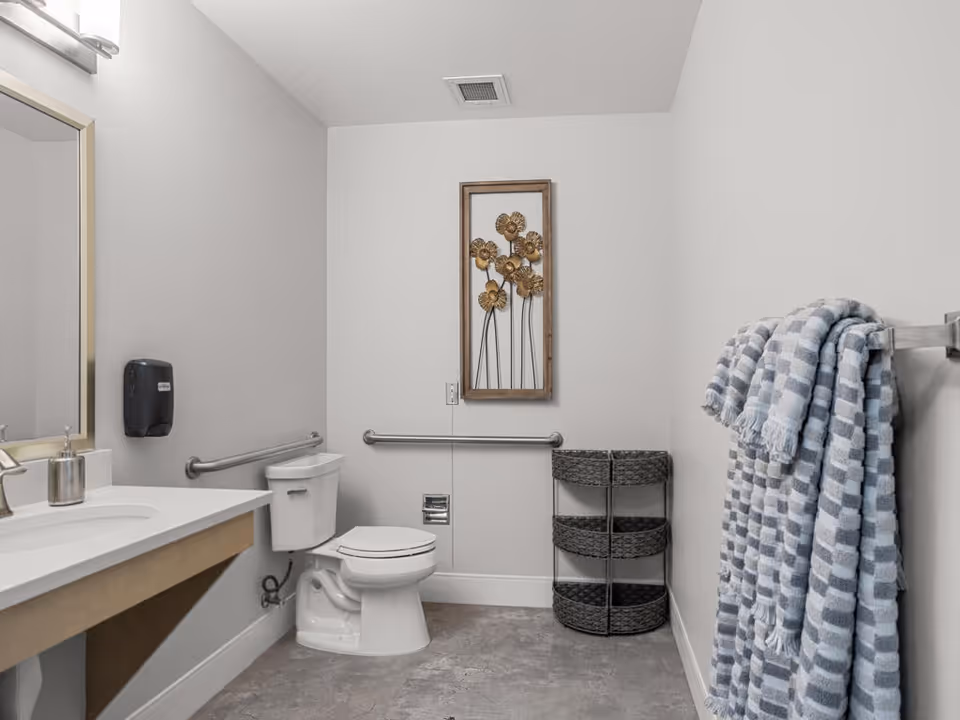 A clean and modern bathroom with a white toilet, a white sink with a silver faucet, a large mirror, and a soap dispenser mounted on the wall. There are two grab bars on the walls near the toilet for accessibility. A decorative wall art piece featuring golden flowers is hung above a three-tiered black woven storage basket. Two gray and white checkered towels hang on a towel rack on the right wall.