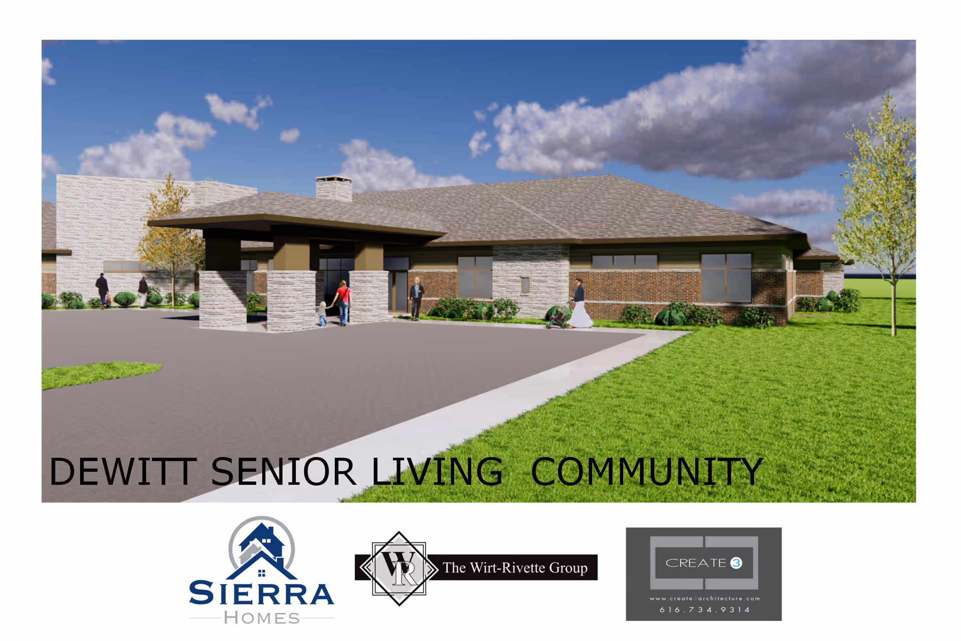 Rendered front exterior of a single-story senior living community building with a covered entrance, driveway, lawn, and a few people, with logos and text along the bottom.