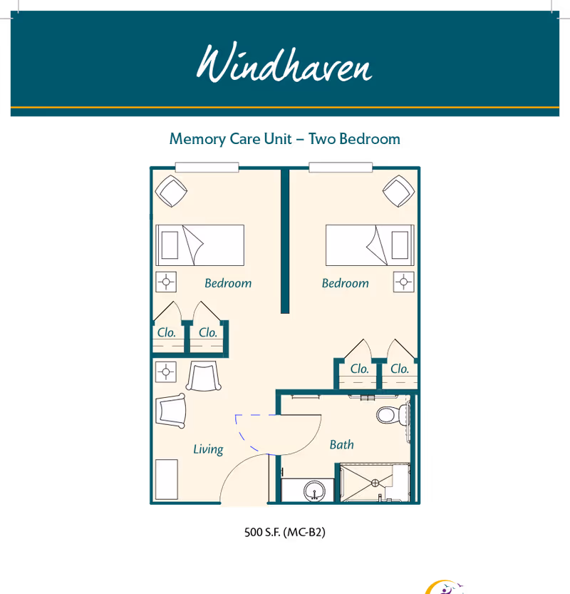 Floor plan of Windhaven Memory Care Unit with two bedrooms, each containing a bed, nightstand, chair, and closet. The unit includes a living area with two chairs and a table, and a bathroom with a sink, toilet, and shower.