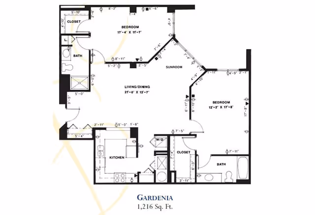Black-and-white floor plan labeled "Gardenia 1,216 Sq. Ft." showing two bedrooms, two bathrooms, a kitchen, living/dining area and a sunroom.