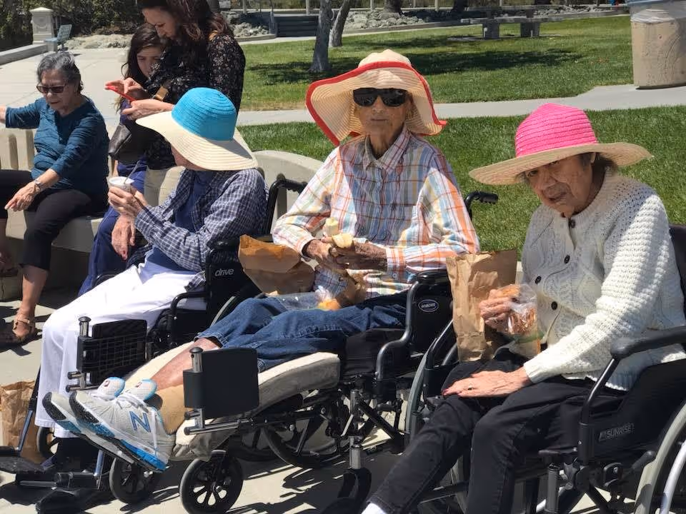 A group of elderly women sitting outdoors on a sunny day. Three women in wheelchairs are wearing large sun hats and holding snacks or drinks. Two other women are sitting on a bench nearby, one of whom is looking at a phone. They are in a park-like setting with green grass and trees in the background.