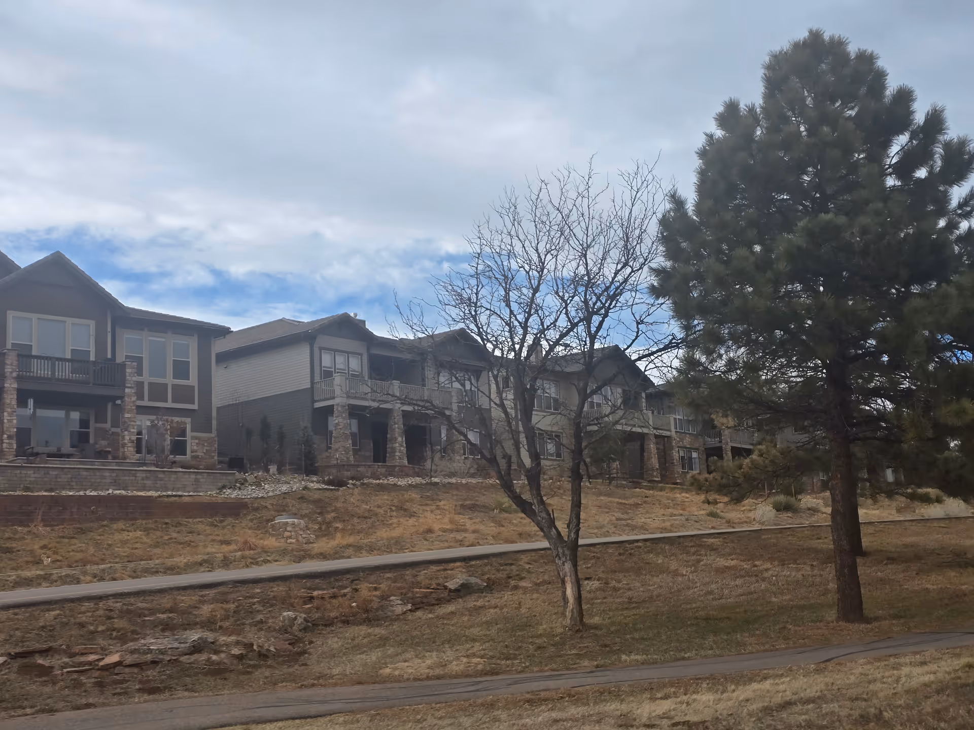 Exterior view of a multi-unit residential building with stone and wood siding, balconies, and large windows. The foreground shows a grassy area with a paved walkway, a leafless tree, and a pine tree under a partly cloudy sky.