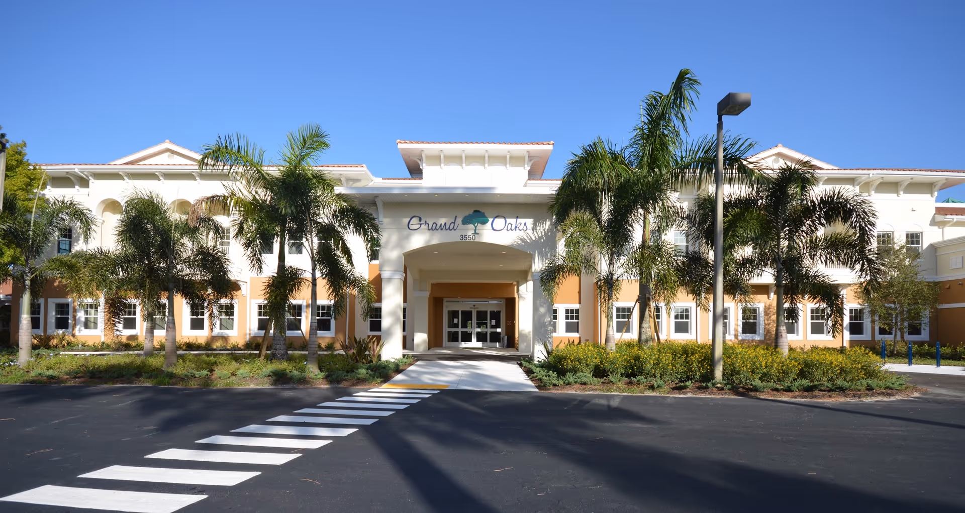 Front exterior view of the Grand Oaks of Palm City facility with palm trees lining the entrance, a clear blue sky, and a pedestrian crosswalk leading to the main doors.