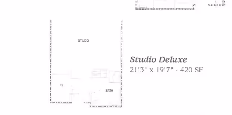 Architectural floor plan layout of a Studio Deluxe apartment measuring 21 feet 3 inches by 19 feet 7 inches with a total area of 420 square feet, showing designated areas for studio space, closet, and bathroom.