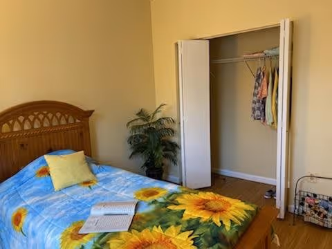 A bedroom with a wooden bed frame and a sunflower-themed bedspread. There is a yellow pillow and an open book on the bed. In the corner, there is a green potted plant. An open closet with hanging clothes is visible, along with a small basket on the floor near an electrical outlet.