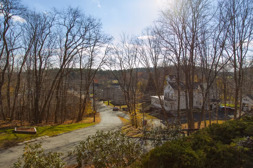 View of a quiet residential street lined with leafless trees and houses under a partly cloudy sky during late autumn or early winter.