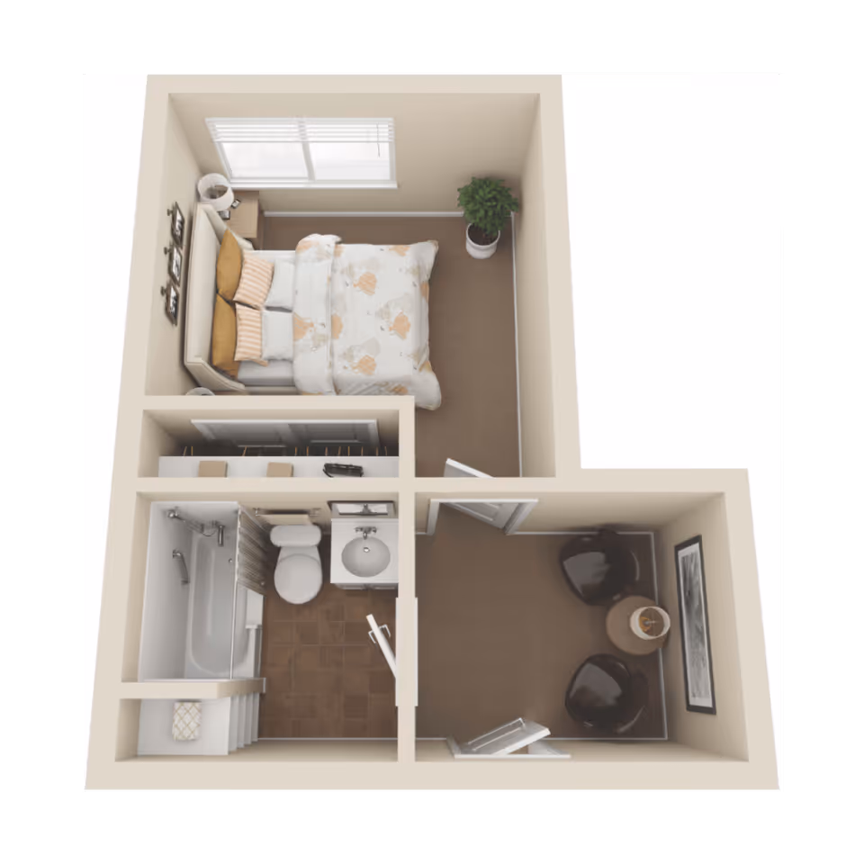 3D floor plan of a small apartment unit with a bedroom containing a bed, nightstand, and plant; a bathroom with a bathtub, toilet, and sink; and a small sitting area with two chairs, a round table, and a framed picture on the wall.