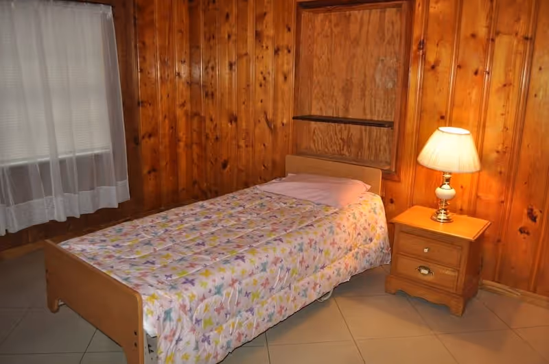 Small bedroom with a single bed against wood-paneled walls, a bedside table with a lamp and a curtained window.