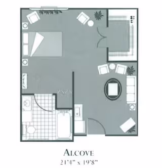 Floor plan of an alcove apartment at Rock Hill Grove Senior Living, showing a combined living and sleeping area with a bed, chairs, and a sofa, a bathroom with a bathtub and toilet, and an entryway.