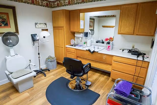 A small salon or grooming room with a black salon chair on a black mat in front of a counter with a large mirror. The counter has wooden cabinets above and below, with various grooming supplies and a hairdryer. To the left, there is a white chair with a hair steamer or dryer attached, and a wall-mounted telephone. The floor is wood, and the walls have a floral wallpaper border near the ceiling.