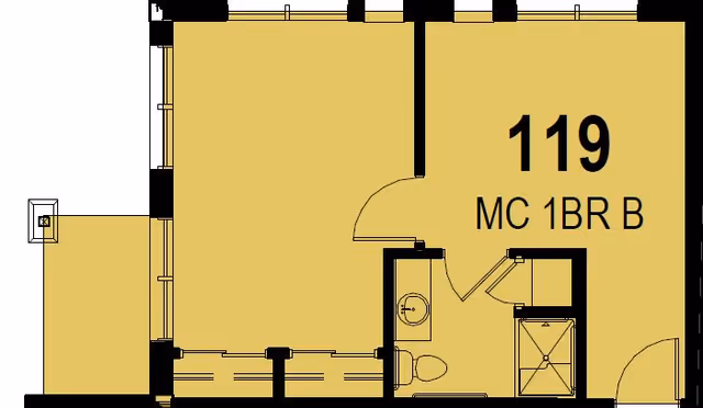 Architectural floor plan layout of unit 119 labeled MC 1BR B, showing a room with a bathroom including a toilet, sink, and shower, and an adjacent living space with windows and a door leading to a small balcony or outdoor area.