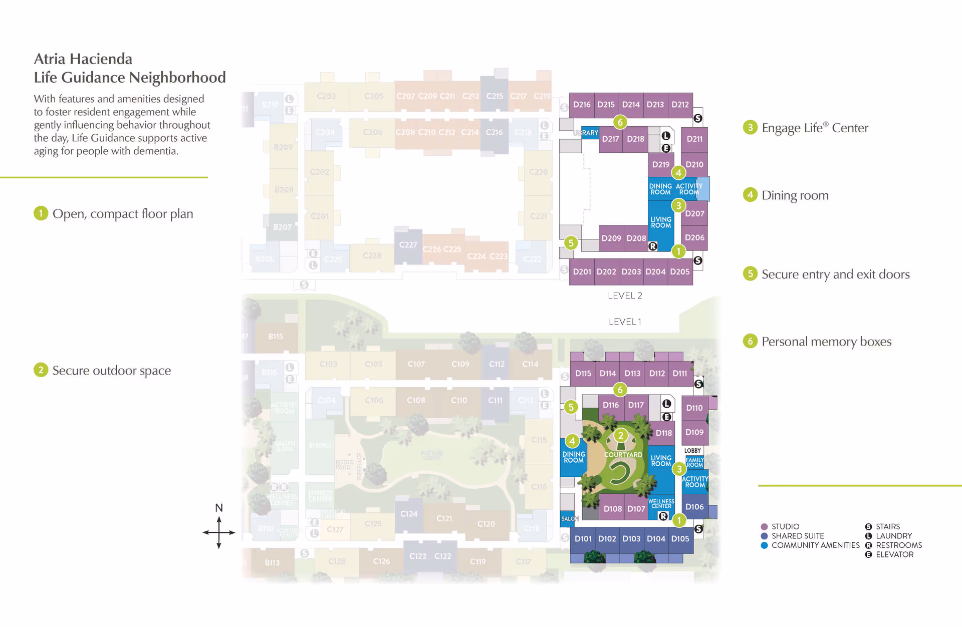 Floor plan of Atria Hacienda Life Guidance Neighborhood showing two levels with labeled rooms including studios, shared suites, community amenities, dining rooms, living rooms, activity rooms, and secure outdoor courtyard. Features include secure entry and exit doors, personal memory boxes, and an Engage Life Center. The plan highlights an open, compact layout designed to support active aging for people with dementia.
