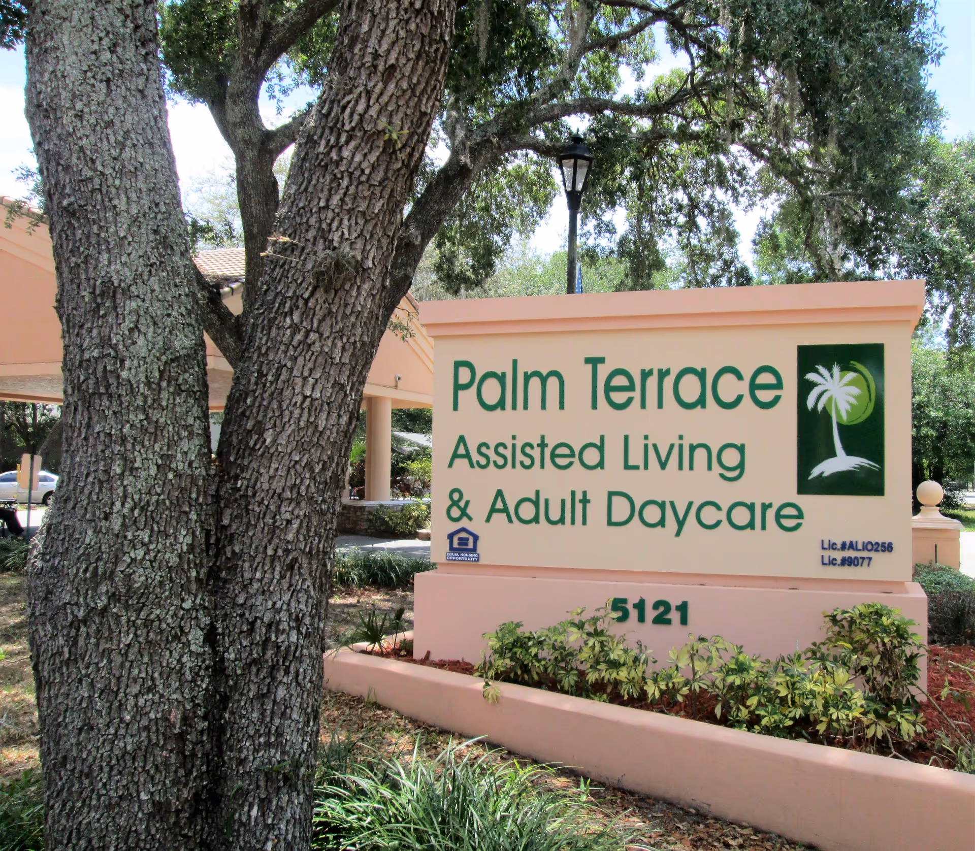 Outdoor view of a sign for Palm Terrace Assisted Living & Adult Daycare Center, surrounded by trees and greenery with a building partially visible in the background.