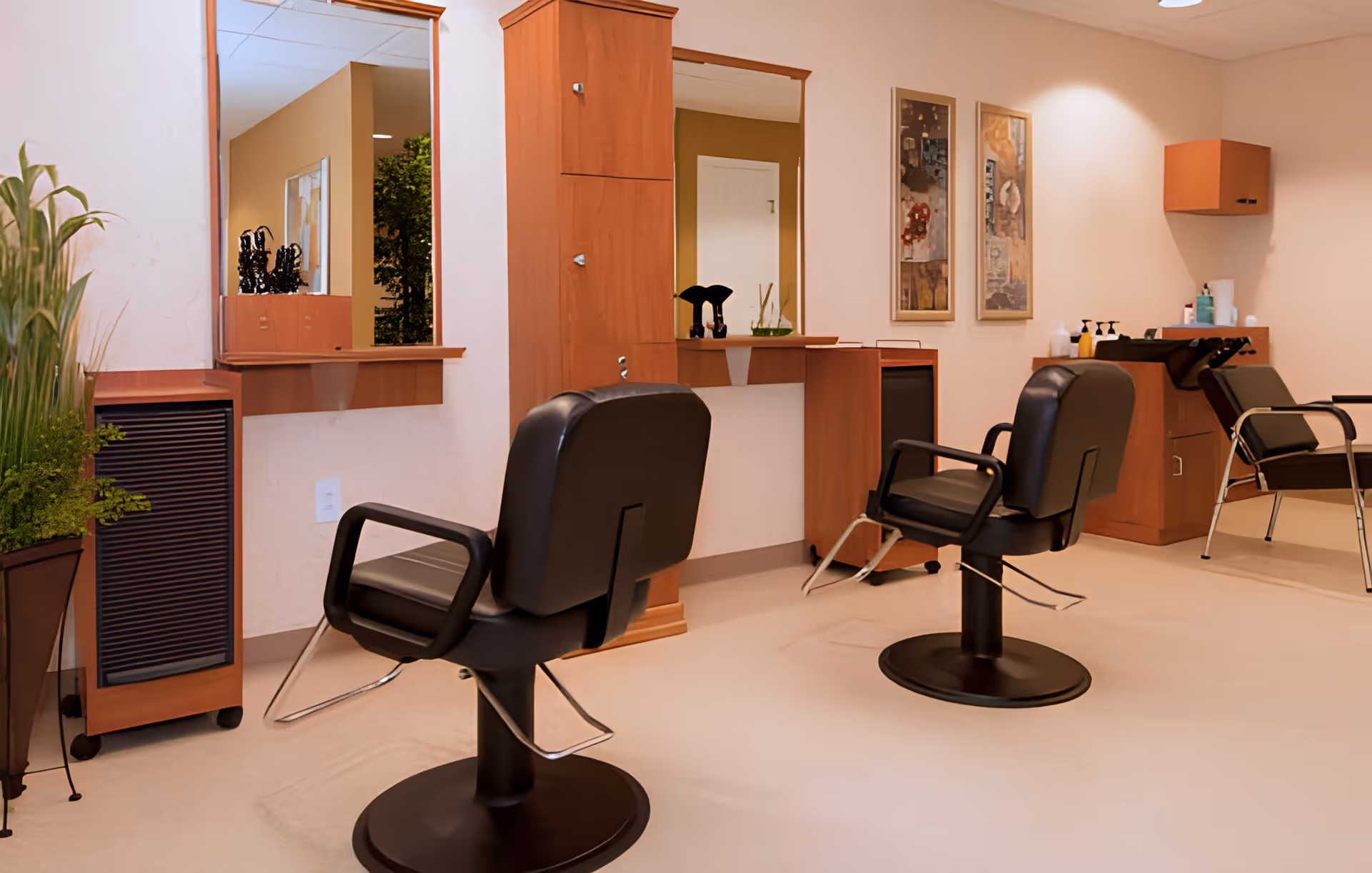 Interior of a salon area in an assisted living facility with two black salon chairs in front of wooden-framed mirrors and cabinets. There are plants on the left side and hair washing stations with chairs on the right side. The walls are decorated with framed artwork.