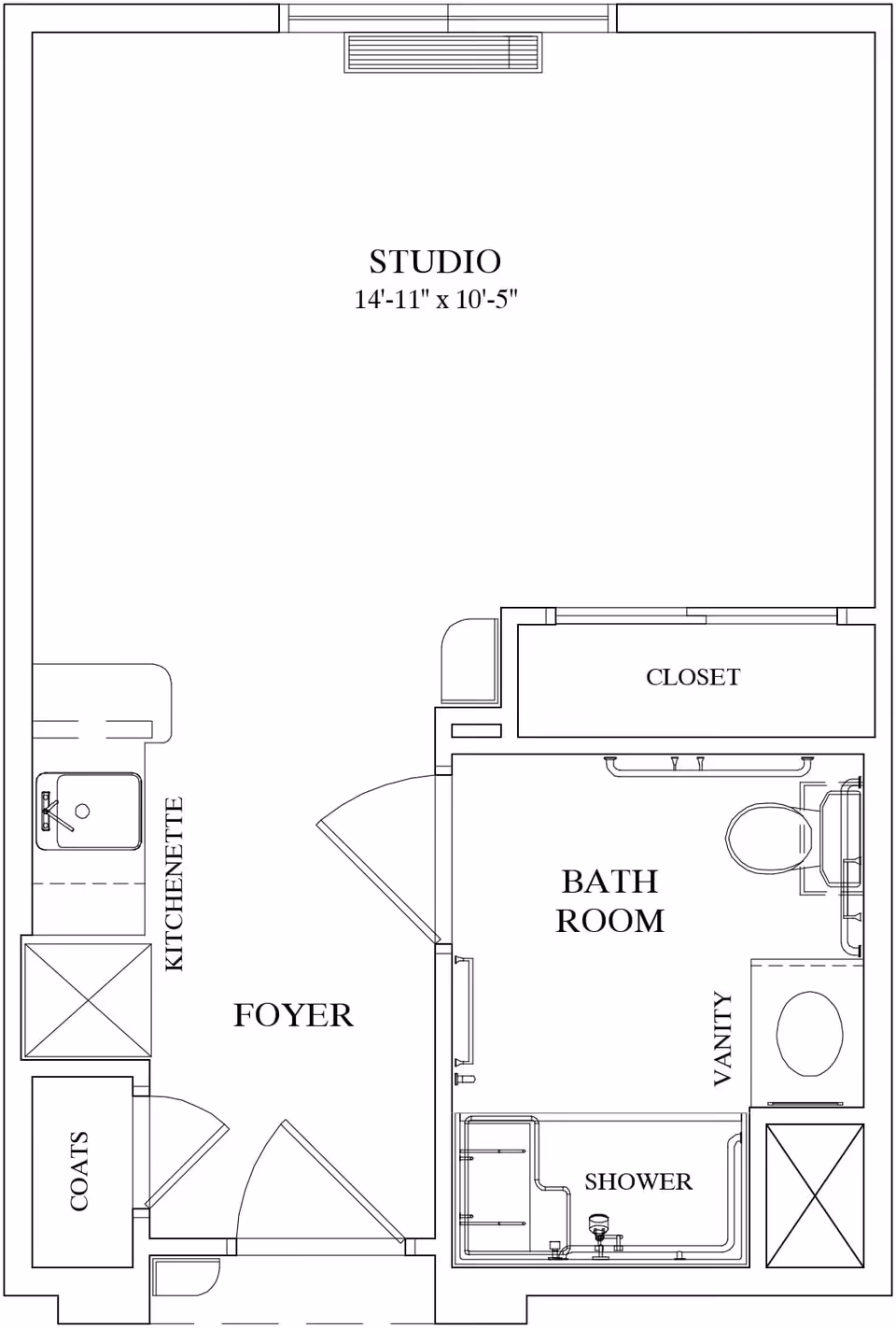 Floor plan of a studio apartment at Isle at Cedar Ridge showing a studio room measuring 14 feet 11 inches by 10 feet 5 inches, a kitchenette, foyer, coat closet, bathroom with vanity, shower, and toilet, and a closet.