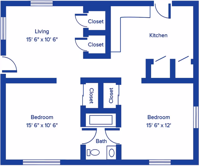 Floor plan layout of a living space at Farmington Presbyterian Manor showing two bedrooms, a living room, a kitchen, a bathroom, and multiple closets. Dimensions are provided for the living room and bedrooms.
