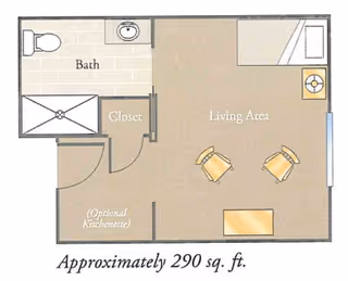 Floor plan of a small senior living unit approximately 290 square feet, featuring a bathroom with toilet, sink, and shower, a closet, an optional kitchenette area, and a living area with two chairs and a table.