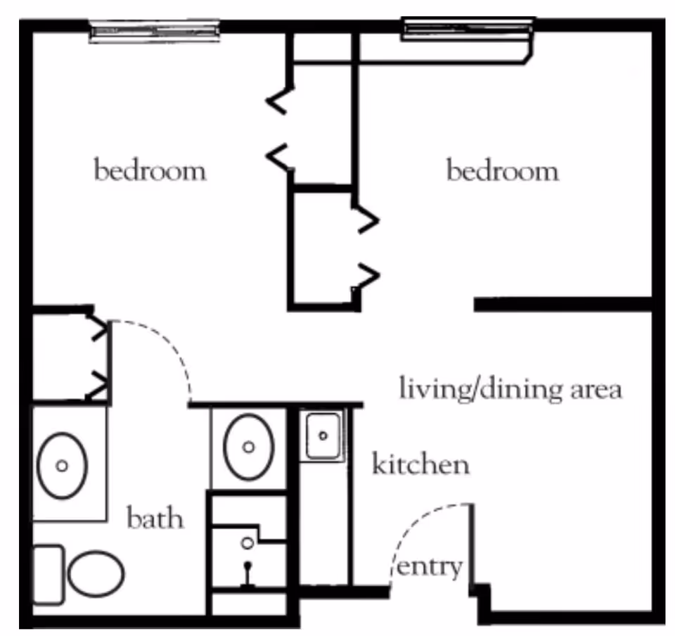 Black and white floor plan of a living space showing two bedrooms, a bathroom, a kitchen, and a combined living/dining area with an entry door.