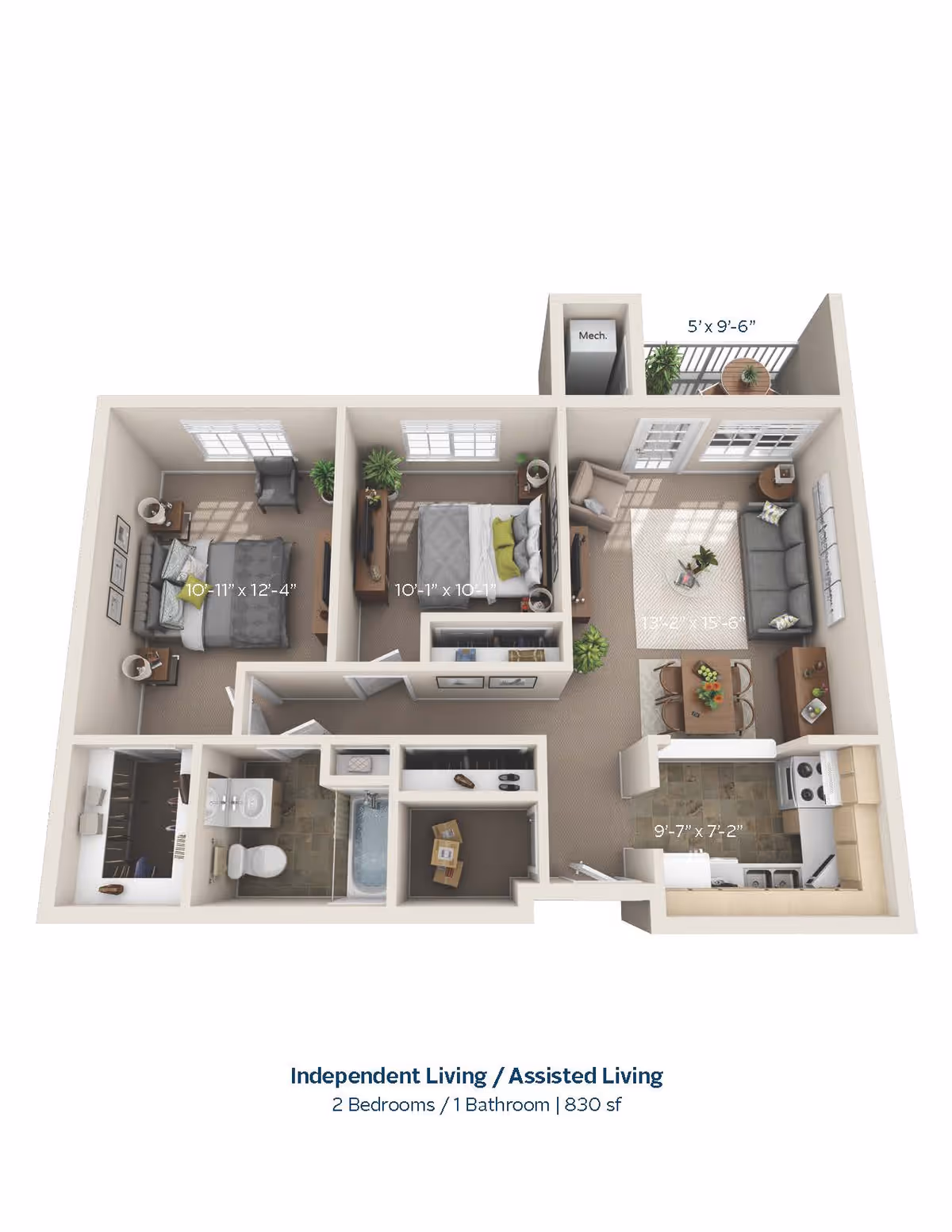 3D floor plan of an independent living or assisted living apartment at Grand Woods Senior Apartments, showing 2 bedrooms, 1 bathroom, a kitchen, dining area, living room, and a small balcony. The layout includes dimensions for each room and furniture placement.