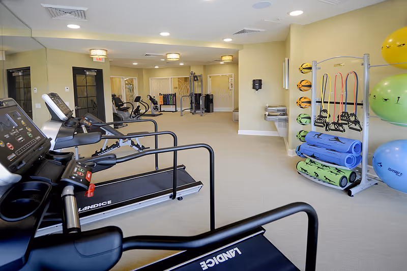 Bright fitness room with treadmills, resistance machines, exercise mats and large stability balls neatly arranged.