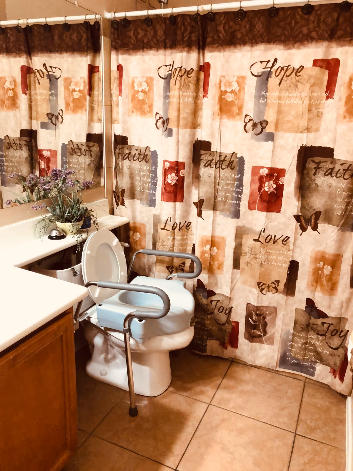 Bathroom with a toilet fitted with a raised seat and safety rails in front of a decorative shower curtain.