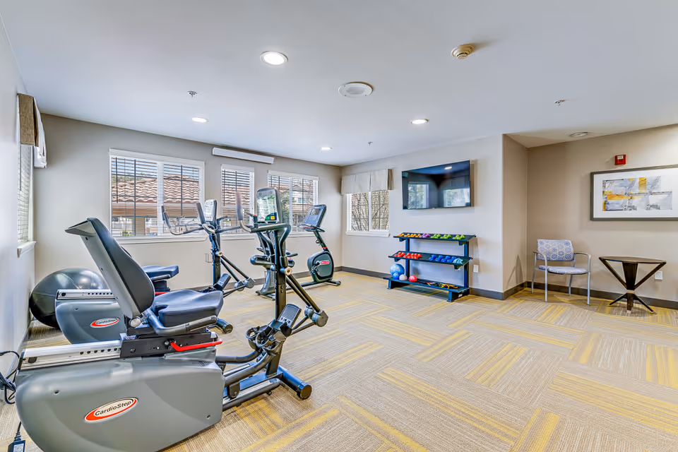 A bright exercise room with large windows, featuring stationary exercise bikes, a rack of colorful dumbbells, a stability ball, a wall-mounted TV, and a chair with a small table. The room has beige walls and carpeted flooring with a yellow and gray pattern.