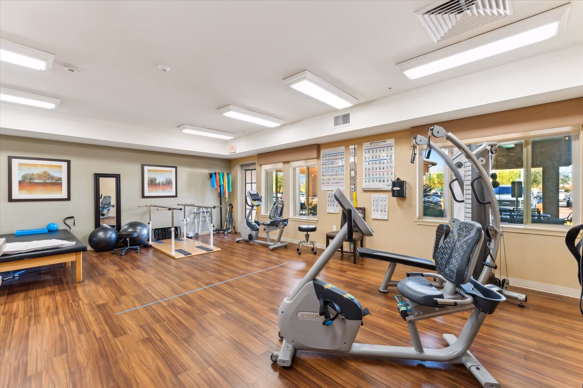 A well-lit exercise room with wooden flooring featuring various fitness equipment including a recumbent exercise bike, a multi-function weight machine, exercise balls, resistance bands, and parallel bars. The room has large windows, framed artwork on the walls, and instructional posters for exercises.