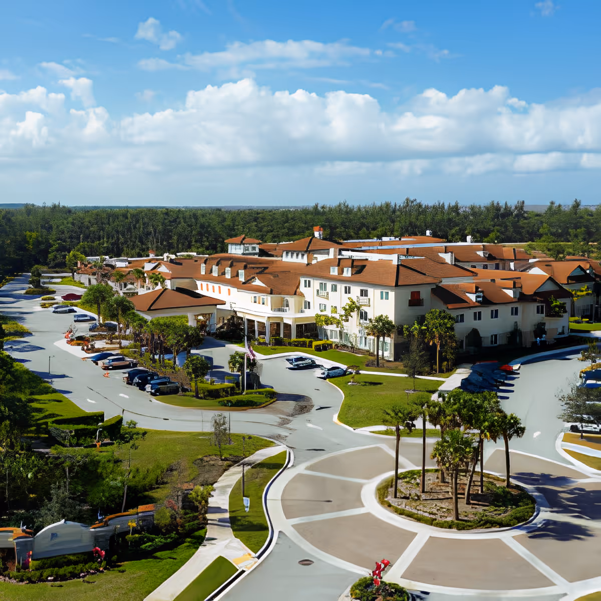 Aerial view of Discovery Village At Palm Beach Gardens senior living facility showing a large building with red-tiled roofs surrounded by greenery, a circular driveway with palm trees in the center, and parked cars along the entrance road under a partly cloudy blue sky.