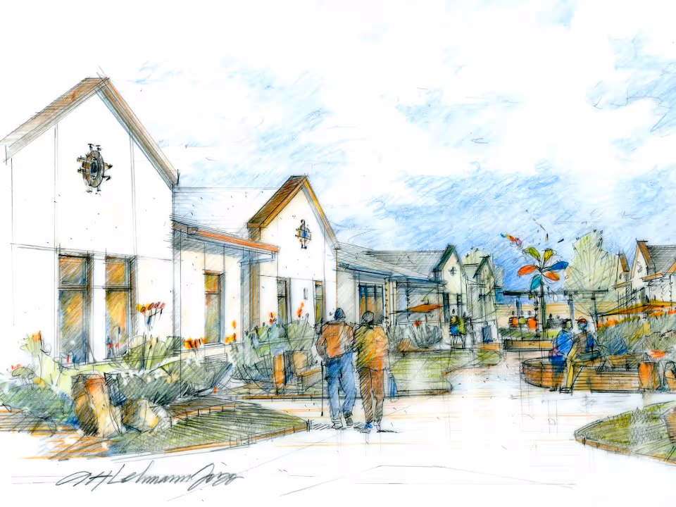 Artistic sketch of an outdoor courtyard area at The Cottages of Tucson, showing people walking and sitting on benches surrounded by landscaped plants and buildings with pitched roofs under a partly cloudy sky.