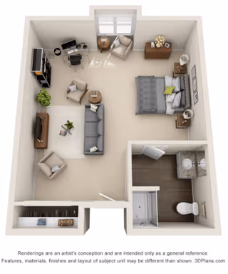 3D floor plan rendering of a senior living studio apartment featuring a combined living and bedroom area with a bed, sofa, armchairs, TV, desk, and storage furniture. The apartment includes a separate bathroom with a shower, toilet, and double sink vanity.