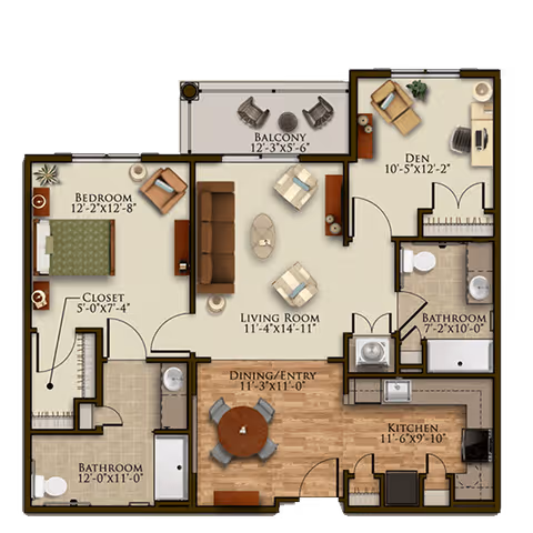 Floor plan of an apartment at Harmony at Harbour View showing a bedroom with closet, two bathrooms, a living room, a dining/entry area, a kitchen, a den, and a balcony with two chairs and a small table.