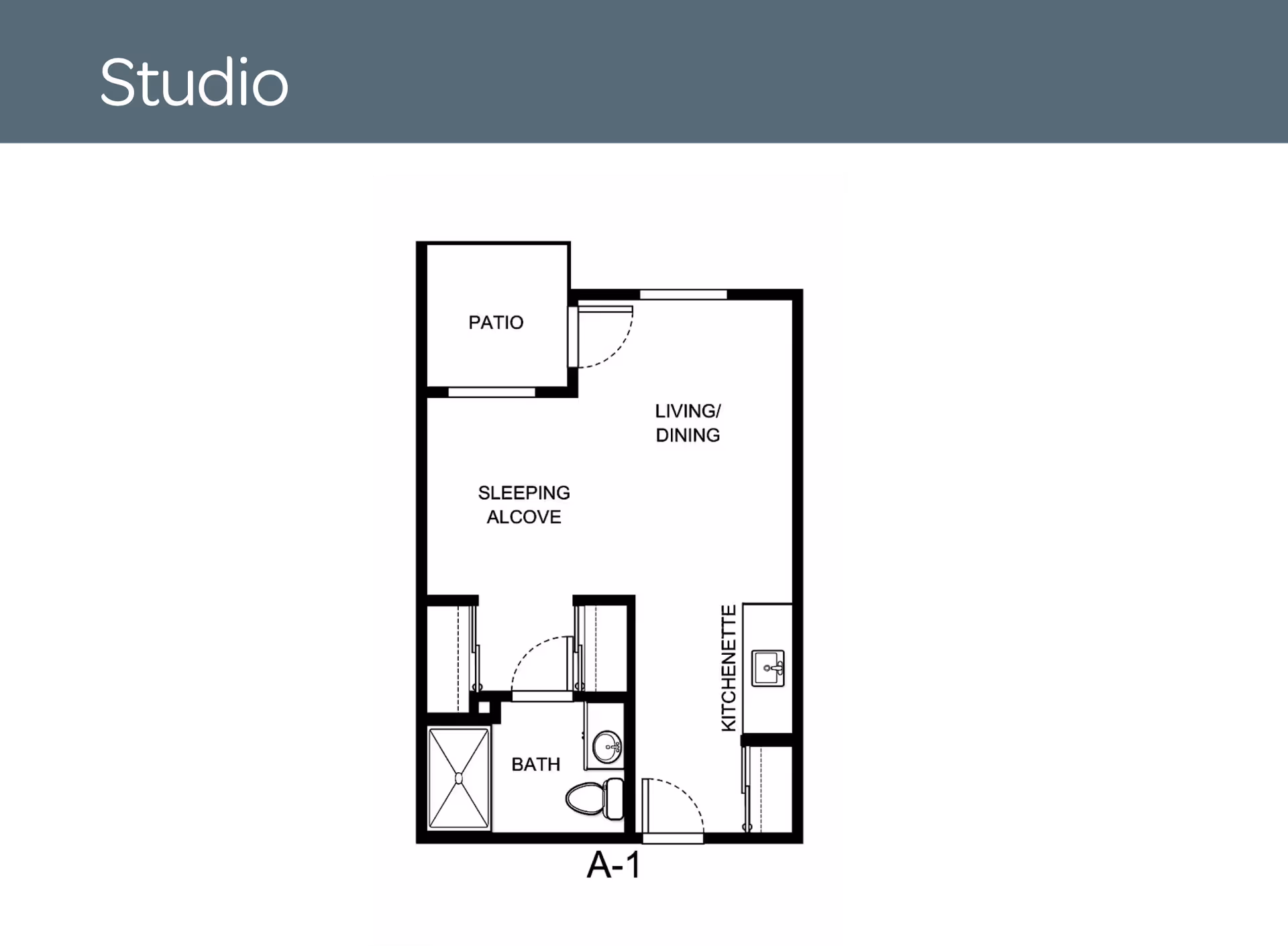 A floor plan of a studio apartment at Provincial Bethel Park, featuring a patio, sleeping alcove, living/dining area, kitchenette, and bathroom.