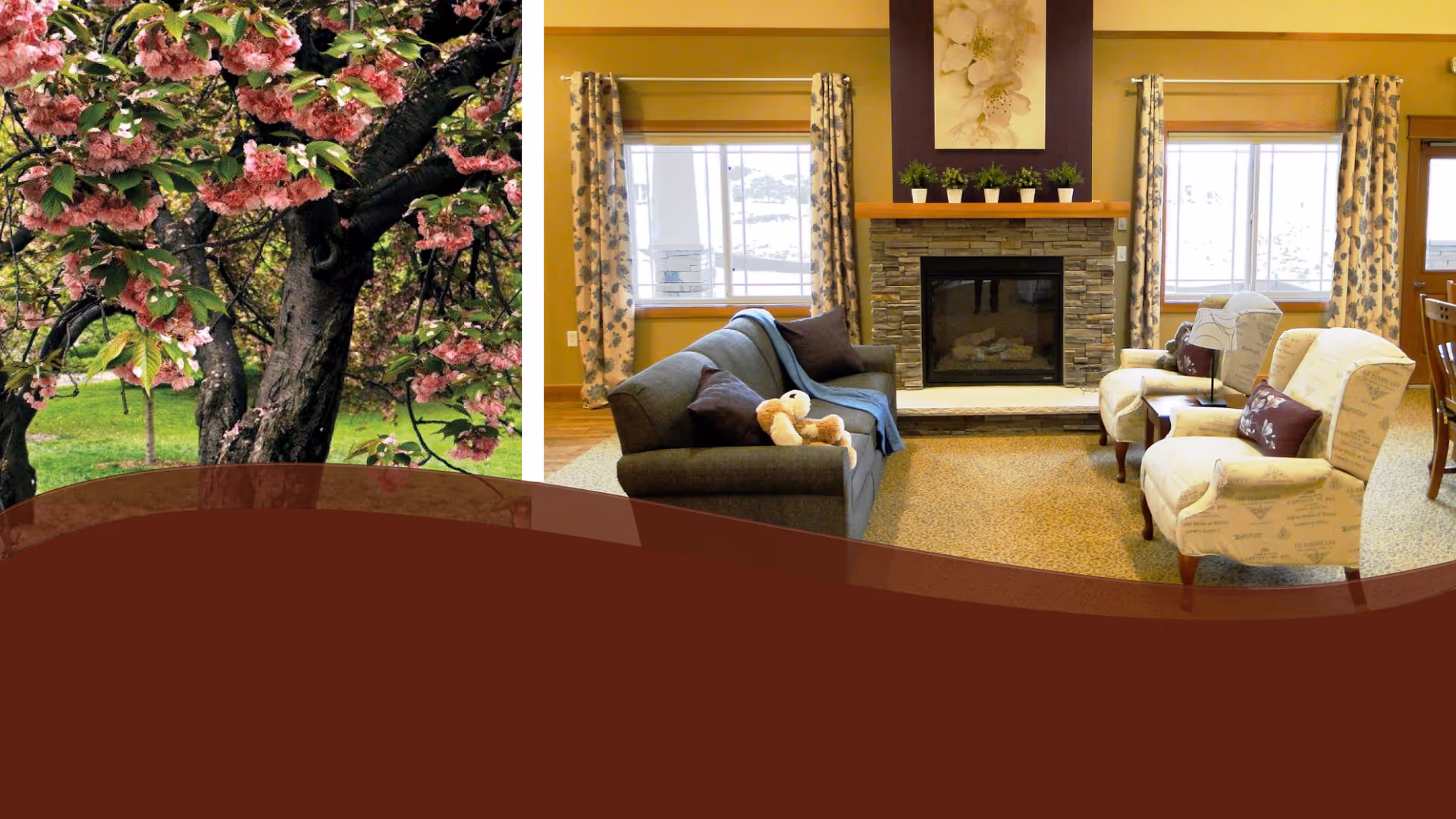 Cozy living room with a fireplace, sofa and armchairs by windows, shown alongside a flowering tree photo and a maroon graphic overlay.