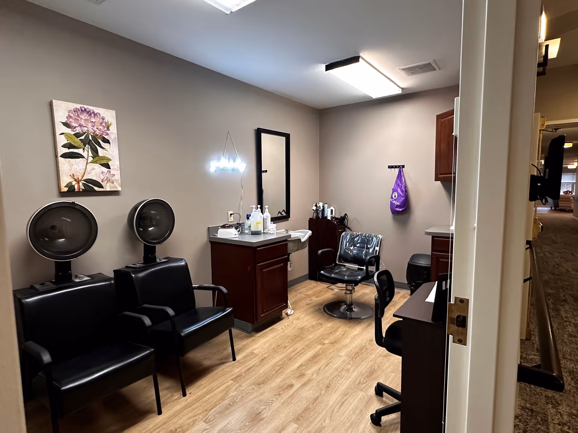 Interior view of a small salon room with two black hair drying chairs on the left, a styling chair in front of a mirror on the back wall, a countertop with hair care products, and a desk with a chair on the right. The room has wood flooring, beige walls, and a floral painting on the left wall.