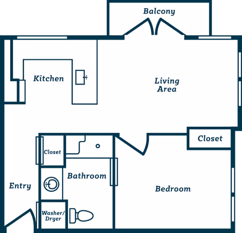 Floor plan of an apartment unit showing an entry leading to a kitchen, living area with balcony, bedroom with closet, bathroom with washer/dryer and closet.