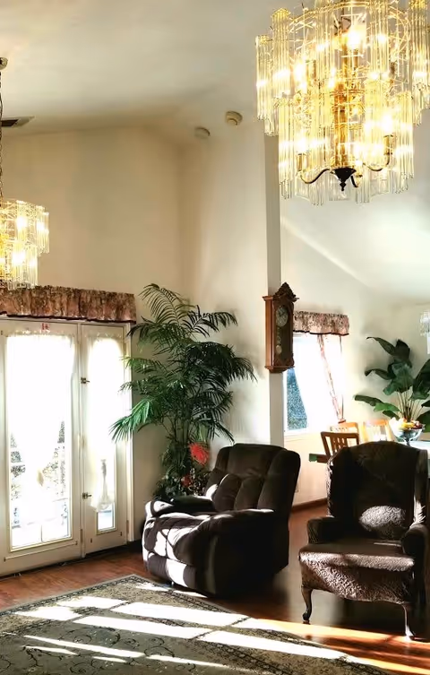 A bright living room area with two armchairs, one dark brown and one patterned, positioned near large windows with sheer curtains. There is a tall green plant in the corner, a wooden wall clock mounted on a pillar, and a dining table with chairs in the background. The room features wooden flooring, a patterned rug, and two elegant chandeliers hanging from the ceiling.