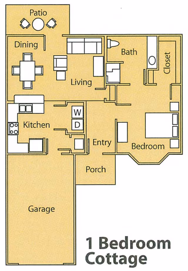Floor plan of a 1 bedroom cottage showing a garage, porch, entry, kitchen, dining area, living room, patio, bathroom, bedroom, and closet.