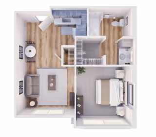 Top-down view of a one-bedroom apartment floor plan showing a living room with sofa and coffee table, a dining area with a round table and two chairs, a kitchen with appliances, a bedroom with a bed and nightstands, and a bathroom with a toilet and shower.