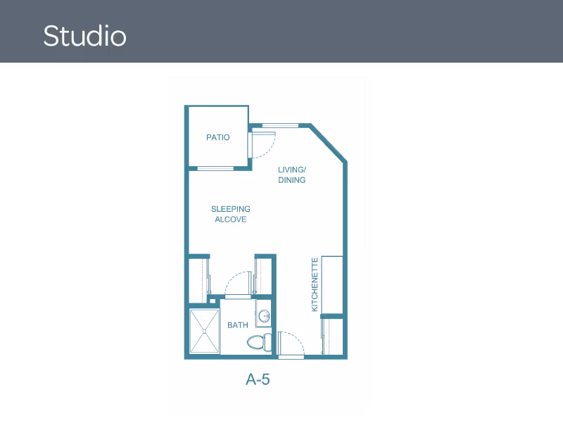 Studio apartment floor plan labeled A-5 showing a patio, sleeping alcove, living/dining area, kitchenette, and bathroom.