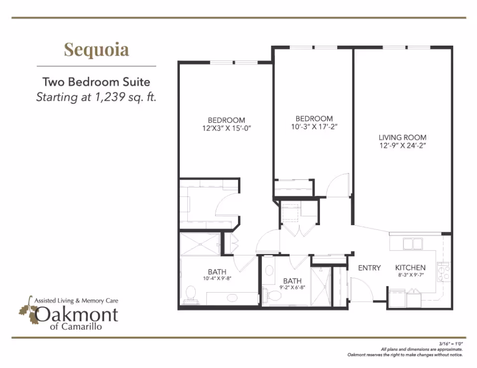 Architectural floor plan titled 'Sequoia' showing a two-bedroom suite layout with labeled living room, kitchen, two bedrooms and two baths.