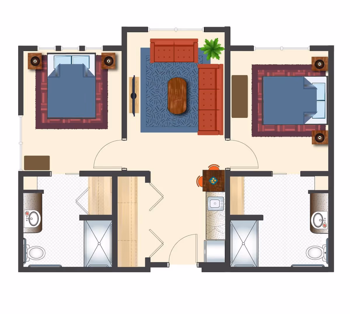 Floor plan of a living space featuring two bedrooms each with a bed and nightstands, two bathrooms with sinks, toilets, and showers, a living room with two red sofas, a coffee table, a TV, and a plant, and a small kitchen area with a sink and a table with two chairs.