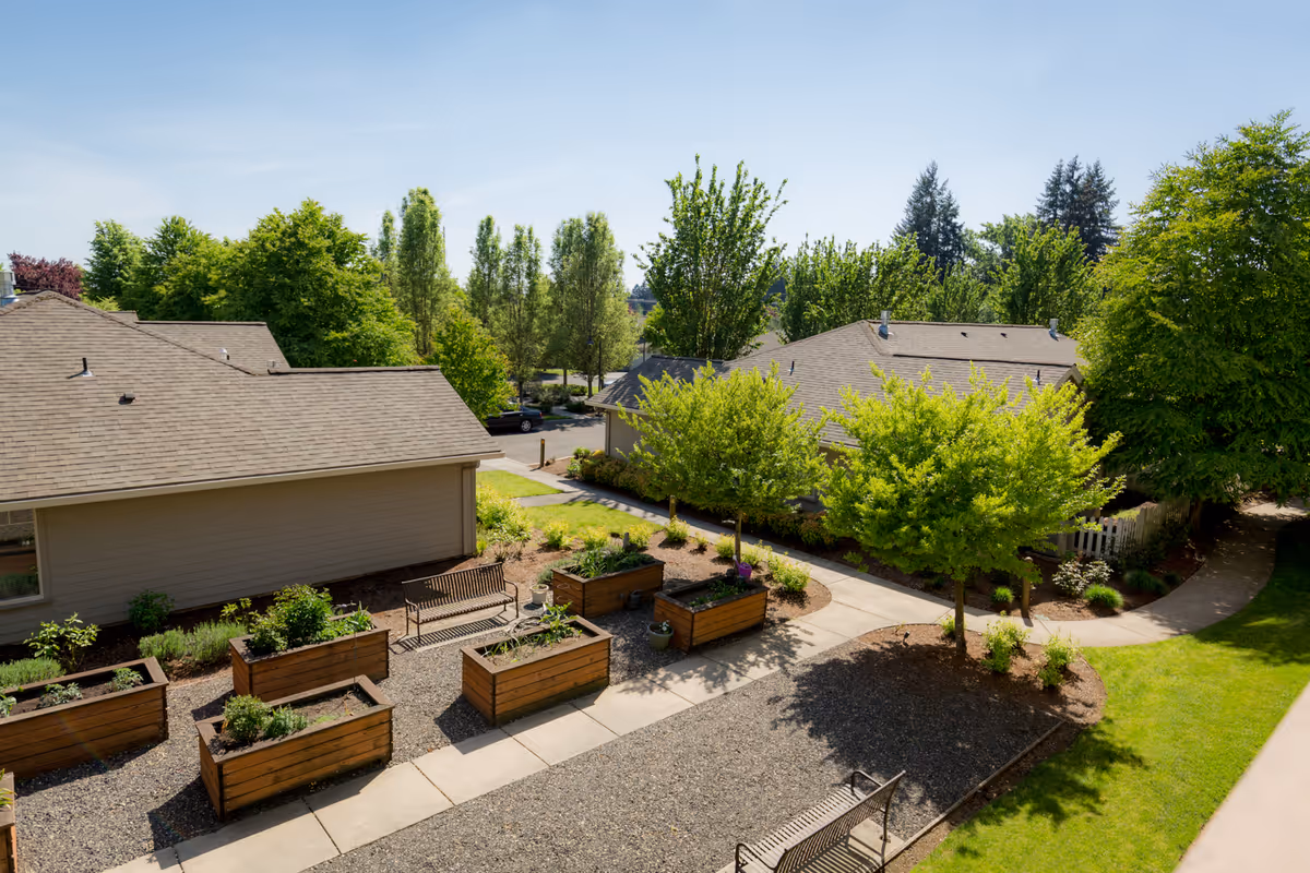 Sunlit courtyard with raised wooden planters, benches, paved paths, and surrounding single-story buildings and trees.
