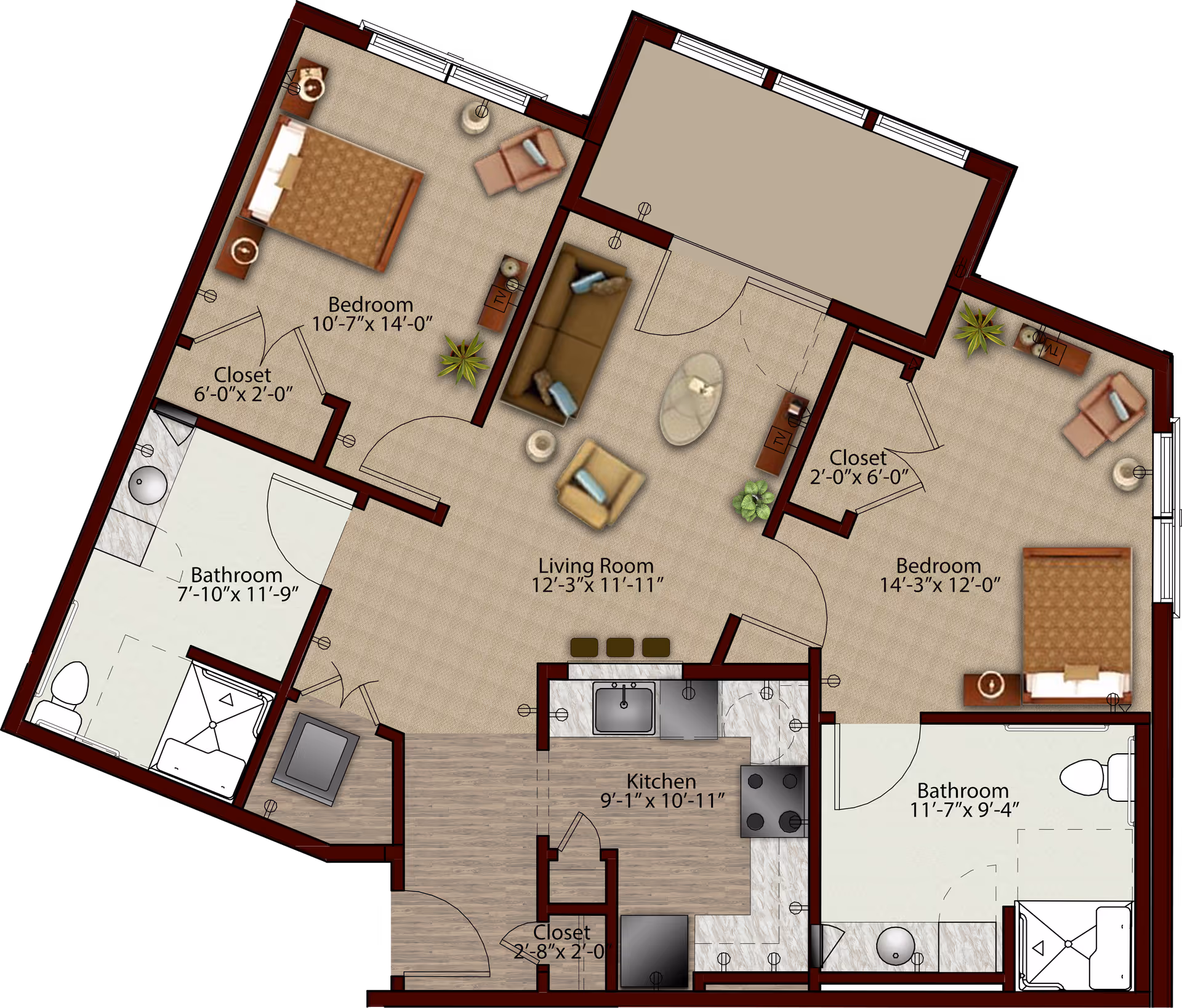 Colored two-bedroom apartment floor plan showing a living room, kitchen, two bathrooms, closets, and labeled room dimensions.
