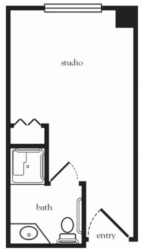 Floor plan of a studio apartment at Atria Bay Spring Village showing an entry area, a combined studio living space, and a bathroom with a sink, toilet, and shower.